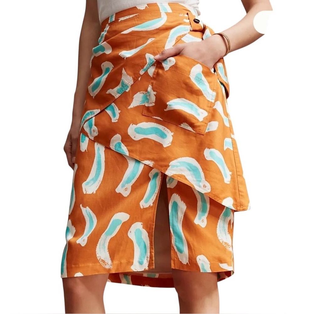 Anthropologie Maeve Edessa Skirt Printed Faux Wrap SZ 4 Soft Orange Linen Blend